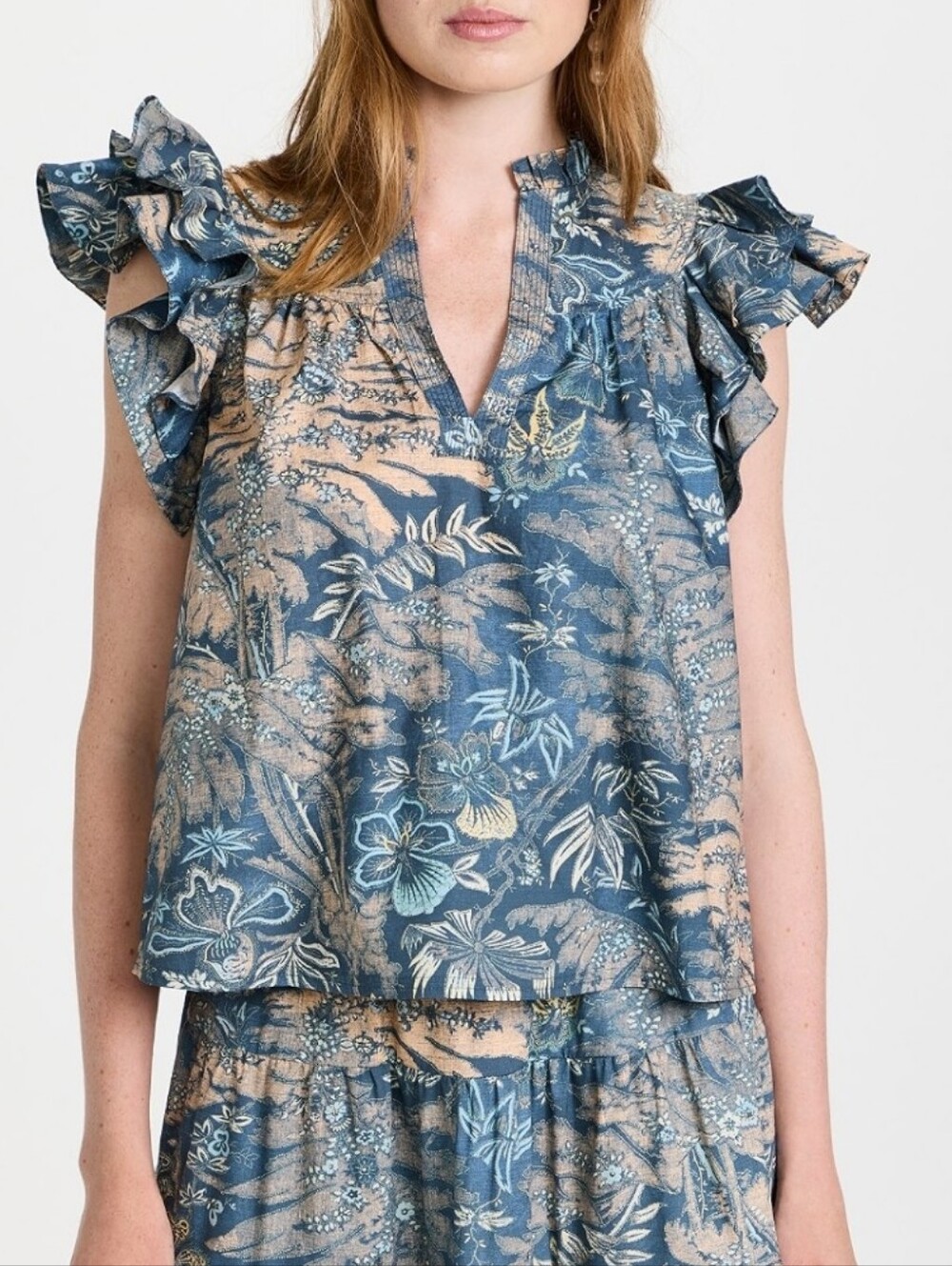 Ulla Johnson Blue Floral Ruffle-Sleeve Camisole with Cream Accents